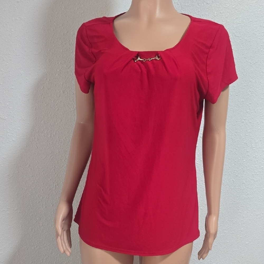White House Black Market Red Blouse with Chain Detail